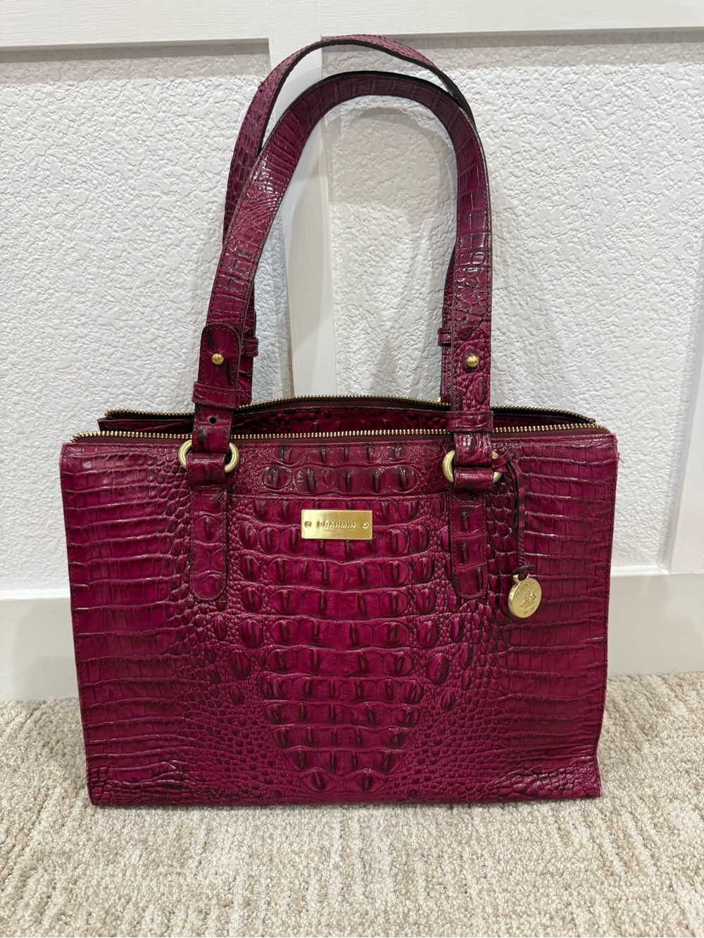 Brahmin Croc Structured Tote Bag in Deep Berry